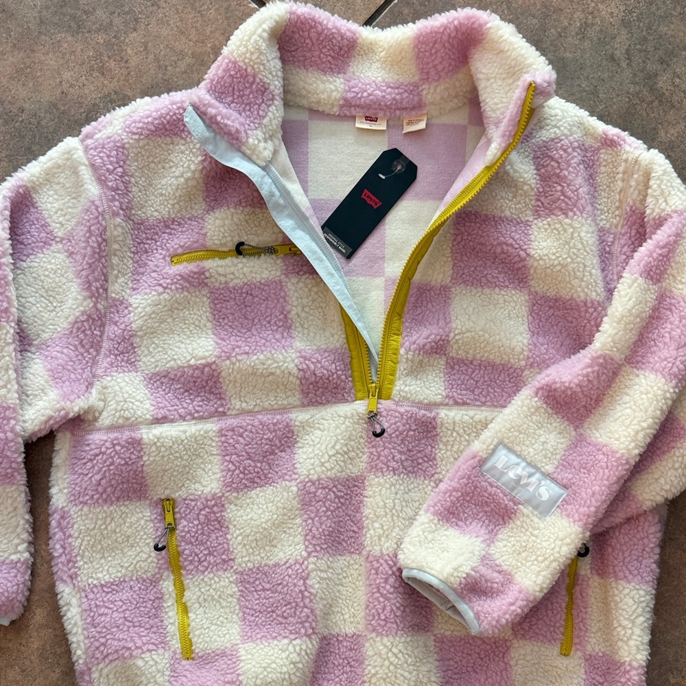 Levi's Women’s Pink and Cream Checkered Fleece Jacket
